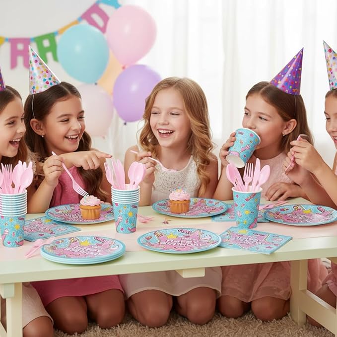 Surprise Theme Party Supplies for kids Doll Themed Birthday Party,Blue & Pink Cartoon Doll Birthday Decorations Disposable Tableware Set With Plates, Cups, Napkins & Cutlery for 24 Guests