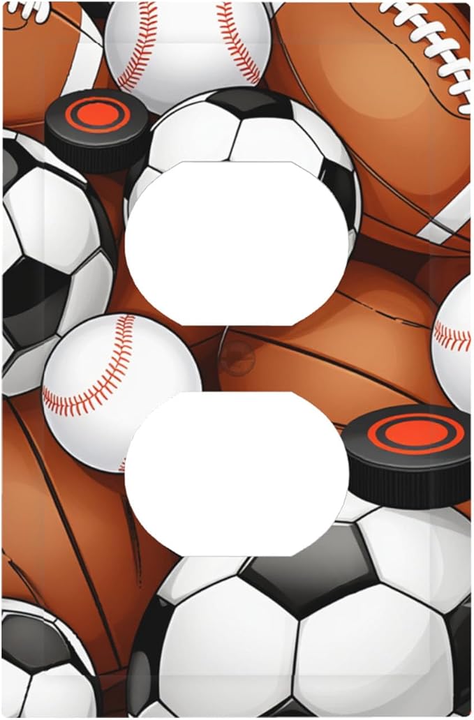 All-Star Sports Balls Collage Duplex Wall Plate - 1-Gang Standard US Size Football Baseball Soccer Game Day Themed Outlet Covers for Boy's Bedroom Decor