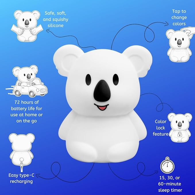 LumiPets Keith the Koala Squishy Night Light for Kids | Silicone Lamp with Tap & Remote Control | Rechargeable, 9 Color Changing Animal Night Light for Boys & Girls | Portable Nightlight With USB Cord