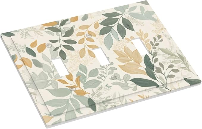 Boho Watercolor Leaves 3 Gang Light Switch Cover Watercolor Green Botanical Triple Toggle Wall Plate Decorative Electrical Switchplates Faceplate for Country Bedroom Kitchen Home Decor