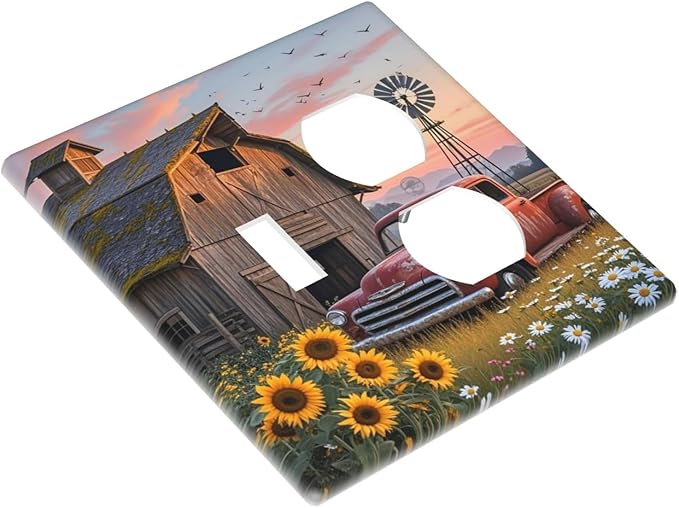 Rustic Barn Red Truck Windmill Sunflower Wallplates 1 Toggle 1 Duplex Switch Plate Electrical GFCI Faceplate Decorative Light Switch Covers for Farmhouse Home Decor