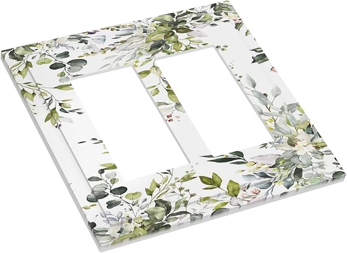 Eucalyptus Sage Green Leaf Plant Floral Decorative Outlet Covers 2 Gang Double GFCI Rocker Electrical Wall Panels Light Switch Cover Plate for Bedroom Living Room Decor