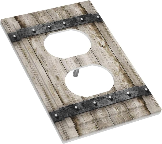 Retro Rustic Western Country Farm Wooden Plank Barn Cabin Wood Door 1 Gang Electrical Device Duplex Receptacle Light Switch Outlet Cover Wall Plate Electric Plug Socket Cover Decorative Switchplate