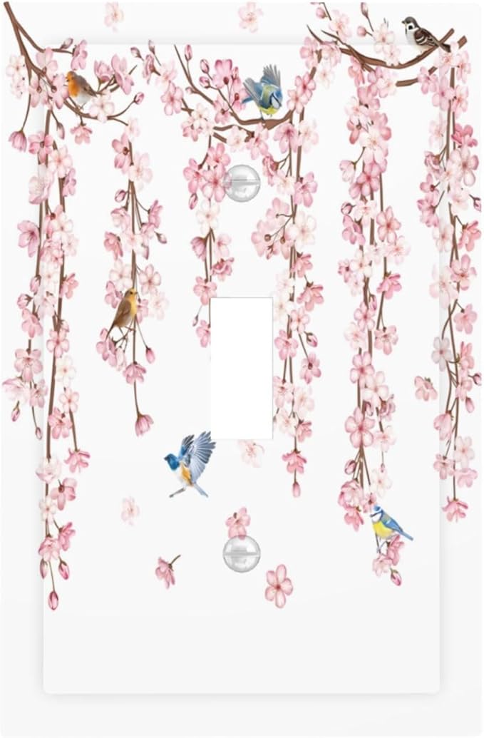 Pink Cherry Blossom Flower Vine Floral Tree Branch Birds Decorative Light Switch Cover 1 Gang Single Toggle Device Electrical Faceplate Switchplates Decorator Outlet Wall Plate for Bedroom Living Room