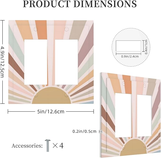 Boho Sun Rainbow Retro Aesthetic Abstract Art Sunrise Sunset Decorative Outlet Covers 2 Gang Double GFCI Rocker Electrical Wall Panels Light Switch Cover Plate for Kids Room Bedroom Decor