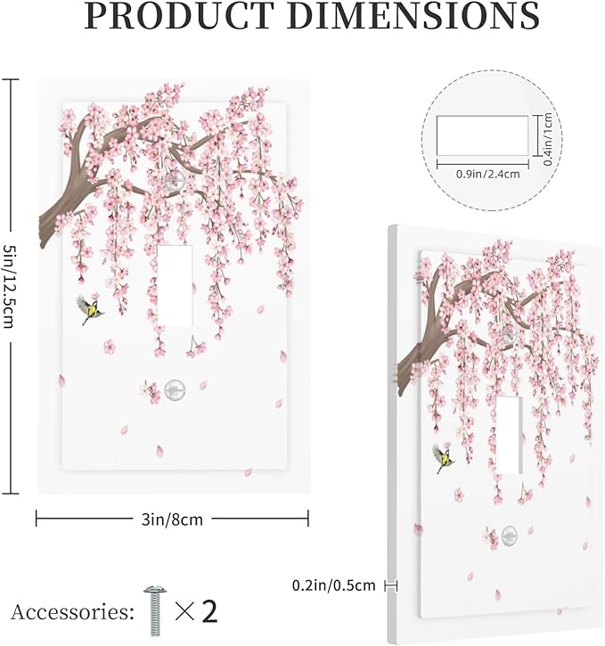 Pink Flower Tree Branch Cherry Blossom Tree Floral Birds Decorative Light Switch Cover 1 Gang Single Toggle Device Electrical Faceplate Switchplates Decorator Outlet Wall Plate for Bedroom Living Room