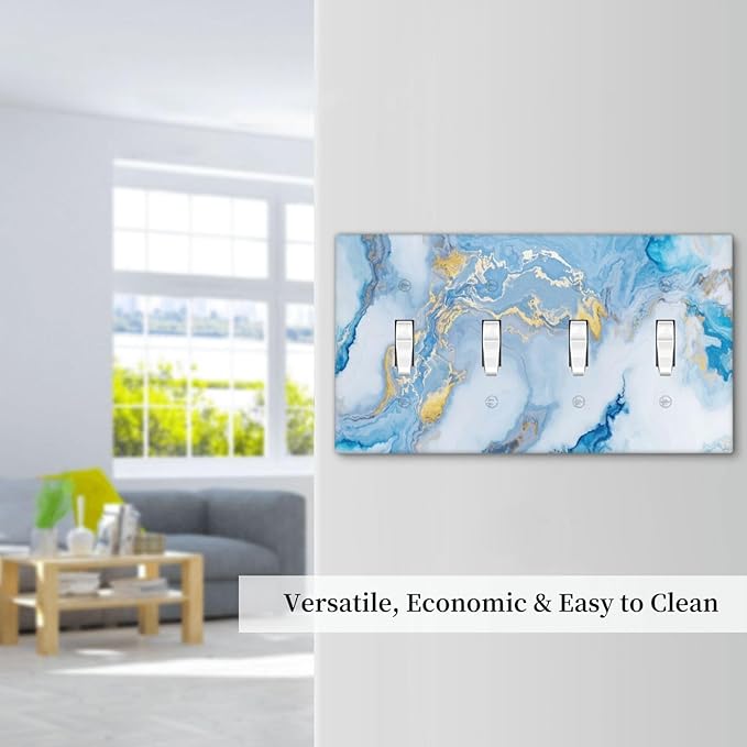 Beautiful Marble Texture Blue Gold Fluid Abstract Print Light Switch Covers Quad Toggle Electrical Faceplate 4 Gang Wall Plate Decorative Switch Plates Cover for Bedroom Bathroom Decor
