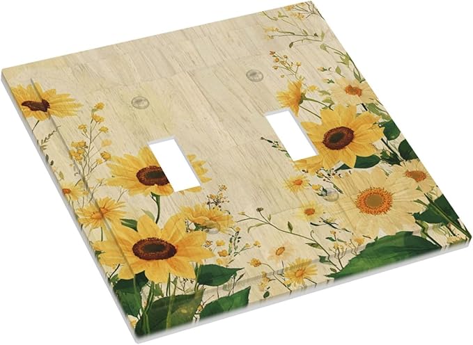Decorative Switch Plate Cover with Vintage Botanical Sunflower Field Design 2 Gang Wall Plate Unique Double Toggle Double Light Switch Covers for Nature Yellow Blooms Wall Decor