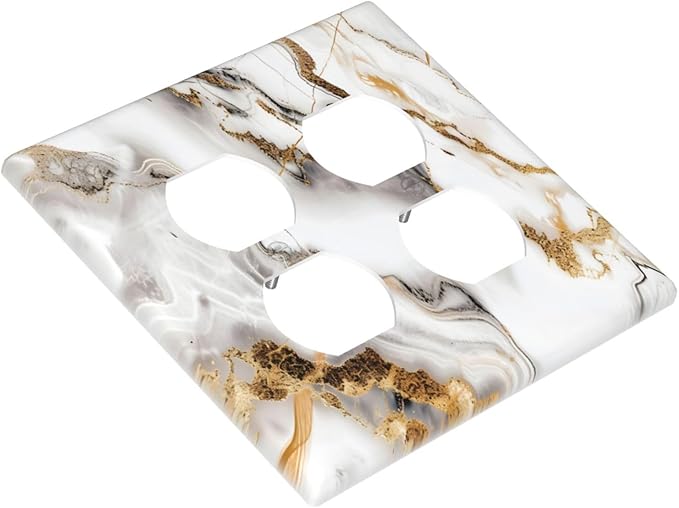 Luxurious Marble Abstract White Gold Tile Modern Simplicity Outlet Covers 2 Gang Double Duplex Decorative Light Switch Covers Electrical Wallplates Socket Faceplate for Bathroom Kitchen Decor