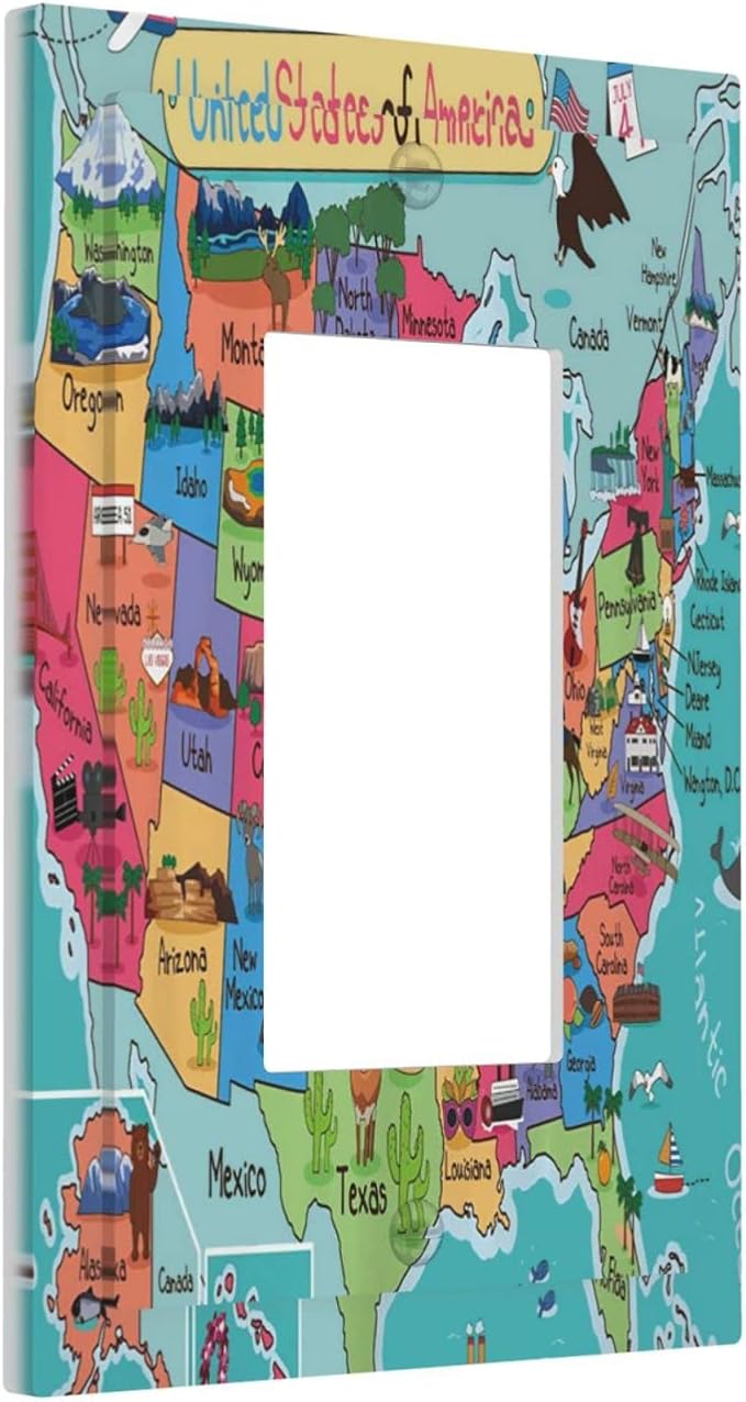 American Map Animal Educational Geography Colorful Landmark Landscape 1 Gang Rocker/Decor Outlet Light Switch Wall Plate Cover Decorative Faceplate Switchplates Bathroom Living Room Bedroom Decorate