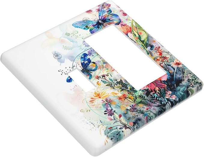 Light Switch Cover Plate Watercolor Colorful Floral Butterflies Wildflowers 2 Gang Combo Wall Plates Toggle Rocker Decorative Switch Plates and Outlet Covers for Bathroom Bedroom Decor