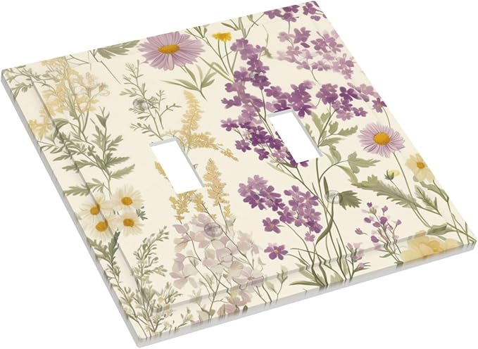 Watercolor Floral Leaves 2 Gang Light Switch Cover Small Purple Flowers Daisies Double Toggle Wall Plate Decorative Electrical Switchplate Covers for Country Bedroom Kitchen Living Room Decor