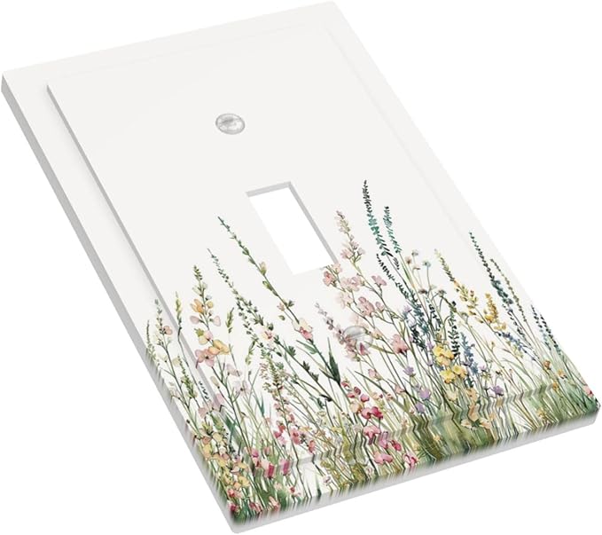 Decorative Light Switch Cover Boho Wildflower Green Leaves Rustic Floral Botanical 1 Gang Single Toggle Decorator Outlet Wall Plate Device Electrical Faceplate Switchplates for Bedroom