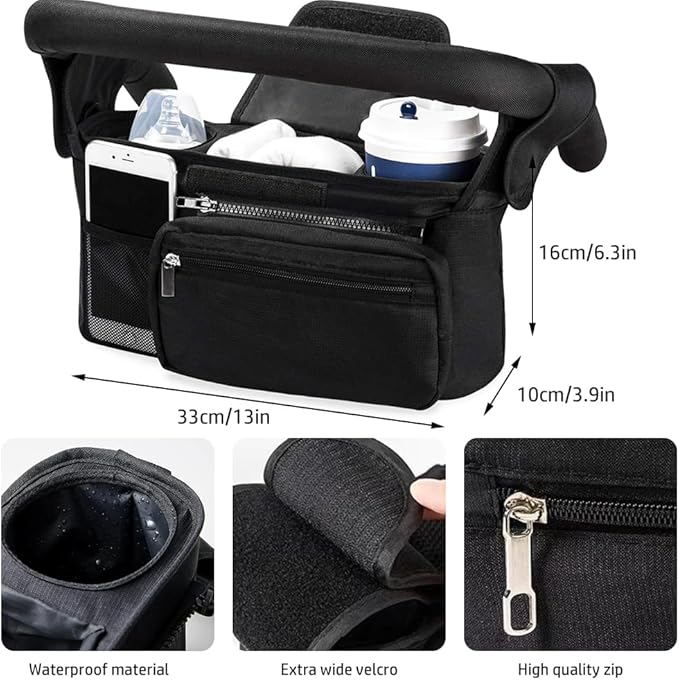 Baby Stroller Organizer, Universal Stroller Organizer with Detachable Phone Bag, Stroller Caddy with 2 Insulated Cup Holders, Buggy Organizer Bag with 2 Hooks Fits Most Strollers (Balck)