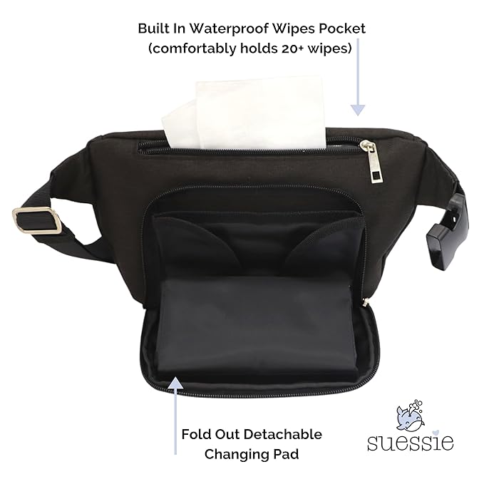 Suessie Fanny Pack Diaper Bag - with Baby Changing Pad & Waterproof Wipes Pocket - Stroller Organizer Black