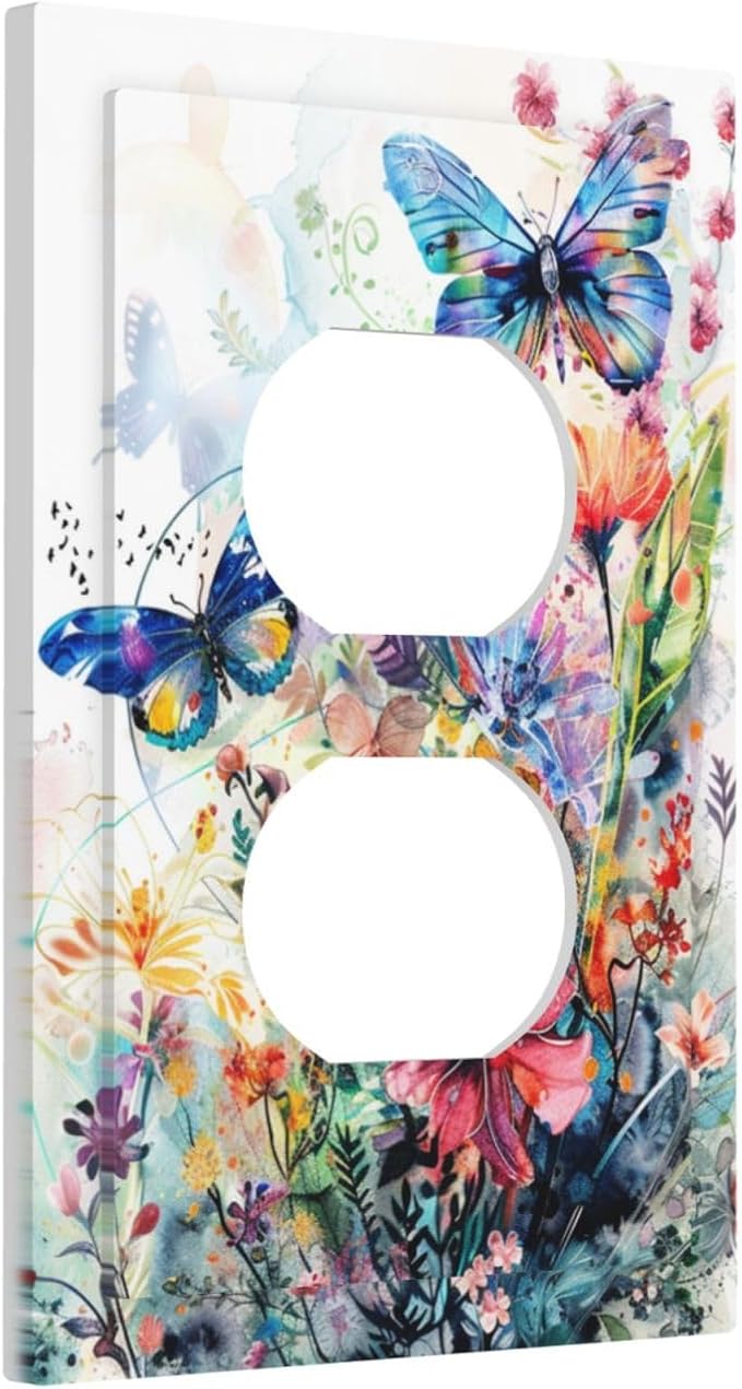 Decorative Outlet Covers Watercolor Colorful Floral Butterflies Wildflowers 1 Gang Duplex Light Switch Cover Plate Electrical Switch plates Wall Plates Receptacle Covers for Bathroom Bedroom