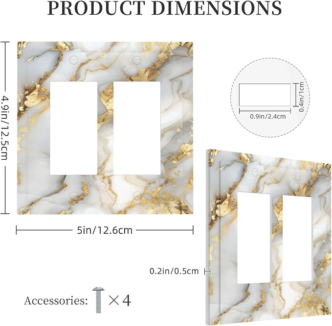 Luxurious White Gold Marble Patterns Abstract Decorative Outlet Covers 2 Gang Double GFCI Rocker Electrical Wall Panels Light Switch Cover Plate for Bathroom Kitchen Decor