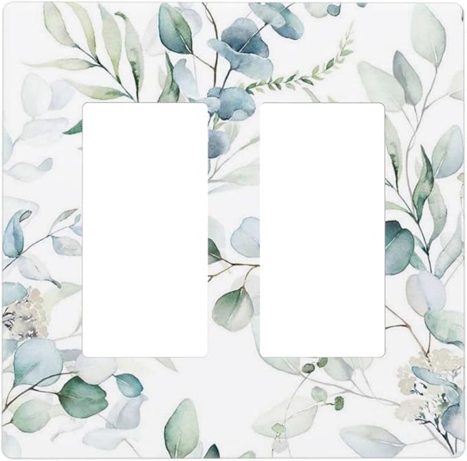 Green Eucalyptus Leaf Decorative 2 Gang Screwless Gfci/Rocker Light Switch Cover Decorative Spring Olive Boho Floral Leaves Dual Device Double Decorator Receptacle Outlet Wall Plate Cover for Dimmer