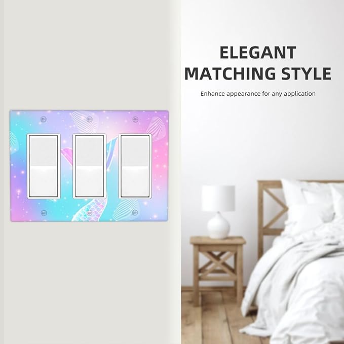 Mermaid 3 Gang Rocker Outlet Covers Triple Rocker Light Switch Cover Rainbow Tail Scales Jelly Fish Switchplates Decorative Electrical Wall Plate for Nursery Girls Boys Room Kids Room Decor