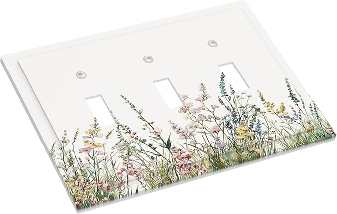 Decorative Switch Plates Boho Wildflower Green Leaves Rustic Floral Botanical 3 Gang Wall Plate Faceplate Triple Toggle Light Switch Cover Electrical Wall Panels for Bedroom living Room Decor