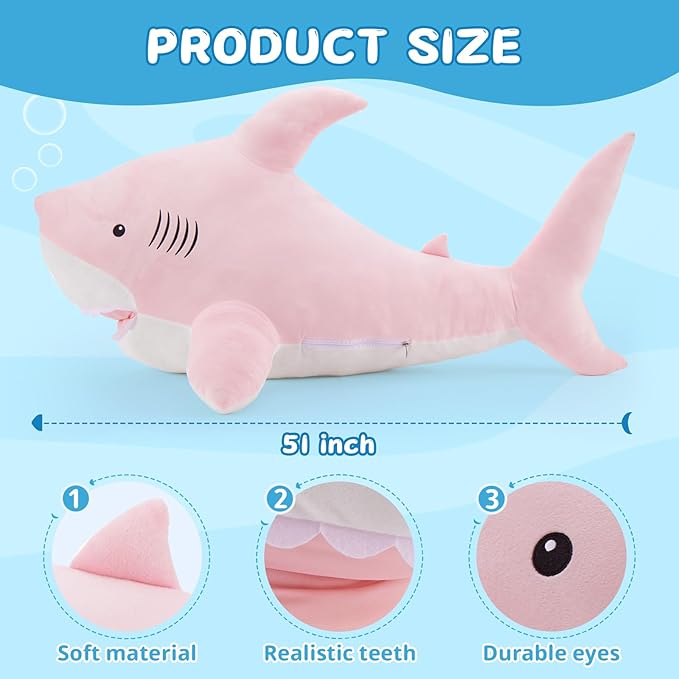 MorisMos 51inch Giant Shark Stuffed Animal, Large Shark Plush Toy Pillow Gift for Kids, Girlfriend, Pink