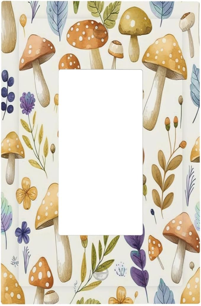Boho Watercolor Mushroom Flowers Leaf Colorful Floral Decorative Outlet Covers 1 Gang Single Rocker Light Switch Cover Plate Wall Plates GFCI Faceplate for Kids Room Nursery Decor