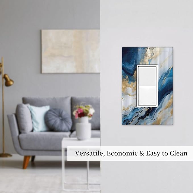 Abstract Blue Granite Luxury Watercolor Marble Texture Print 1 Gang Rocker Light Switch Covers Decorative Unique Single Decora Outlet Wall Plate Faceplate Switchplate GFCI for Bathroom Decor
