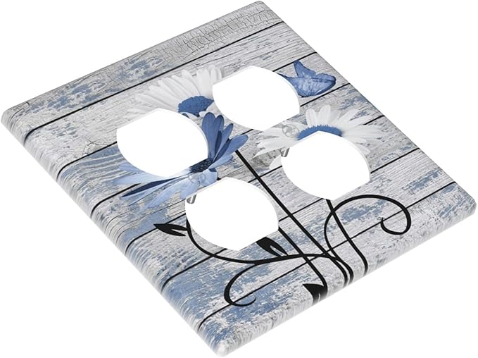 Blue White Daisy Flower Butterfly Rustic Wood Board Outlet Covers 2 Gang Double Duplex Decorative Light Switch Covers Electrical Wallplates Socket Faceplate for Farmhouse Bedroom Decor