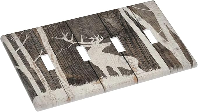 Vintage Wood Forest Deer Wildlife Animal Silhouette Light Switch Covers Quad Toggle Electrical Faceplate 4 Gang Wall Plate Decorative Switch Plates Cover for Farmhouse Home Decor