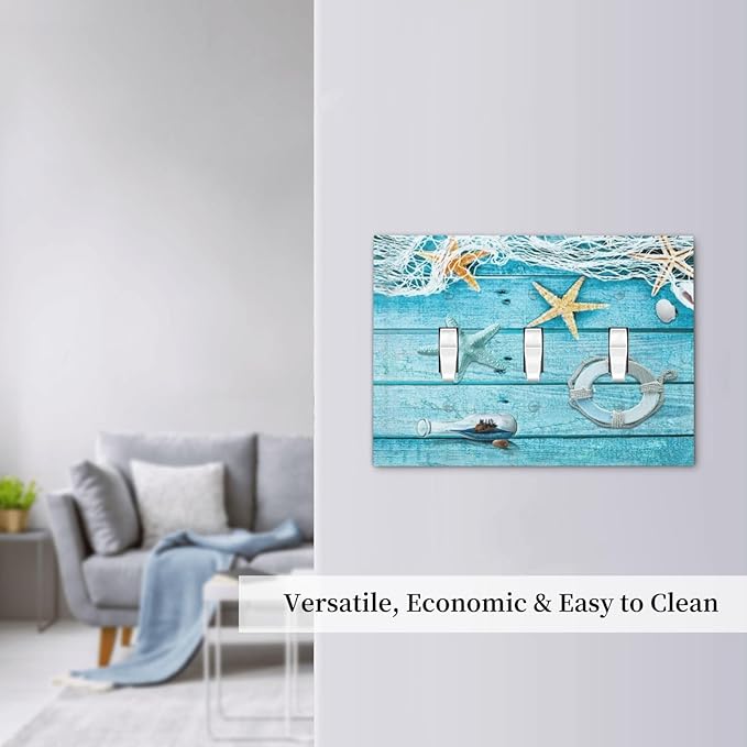 Turquoise Teal Fishing Net Wood Plank 3 Gang Light Switch Plate Decorative Triple Toggle Wall Plate Cover Electrical Faceplate for Bathroom Home Living Room Decorate