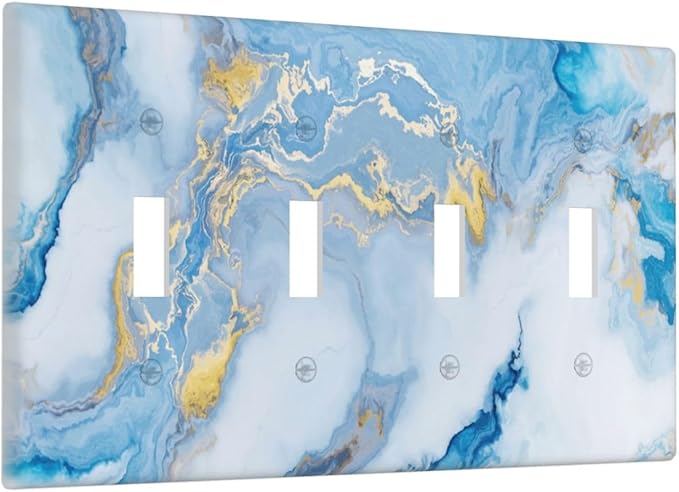 Beautiful Marble Texture Blue Gold Fluid Abstract Print Light Switch Covers Quad Toggle Electrical Faceplate 4 Gang Wall Plate Decorative Switch Plates Cover for Bedroom Bathroom Decor