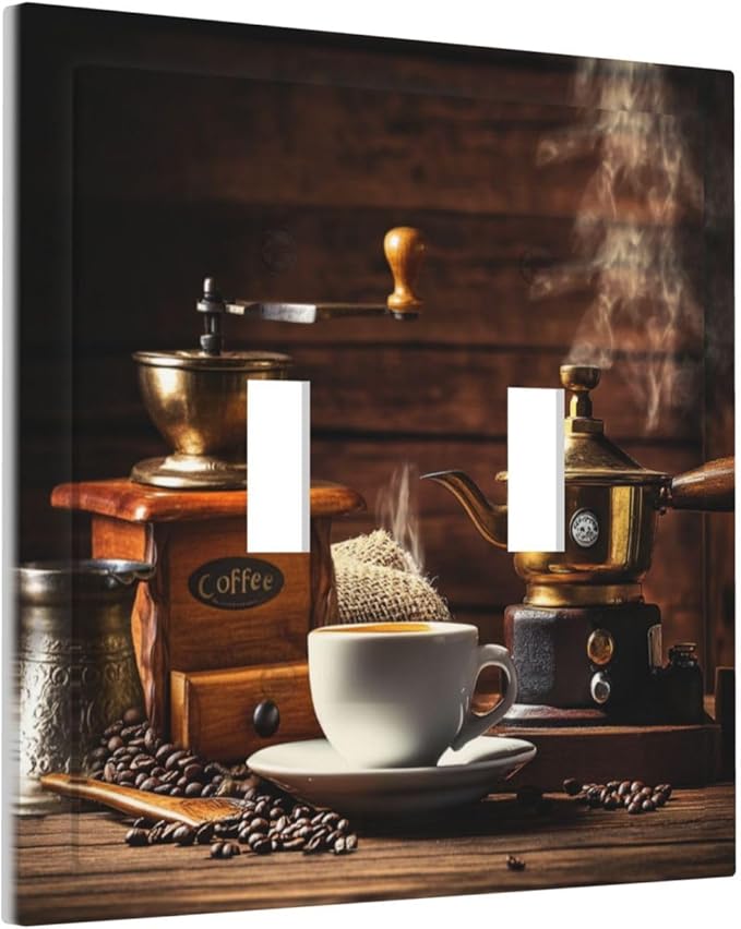 Decorative Switch Plate Cover with Vintage Coffee Retro Grinder Artwork Design 2 Gang Wall Plate Unique Double Toggle Double Light Switch Covers for Rustic Kitchen Decor