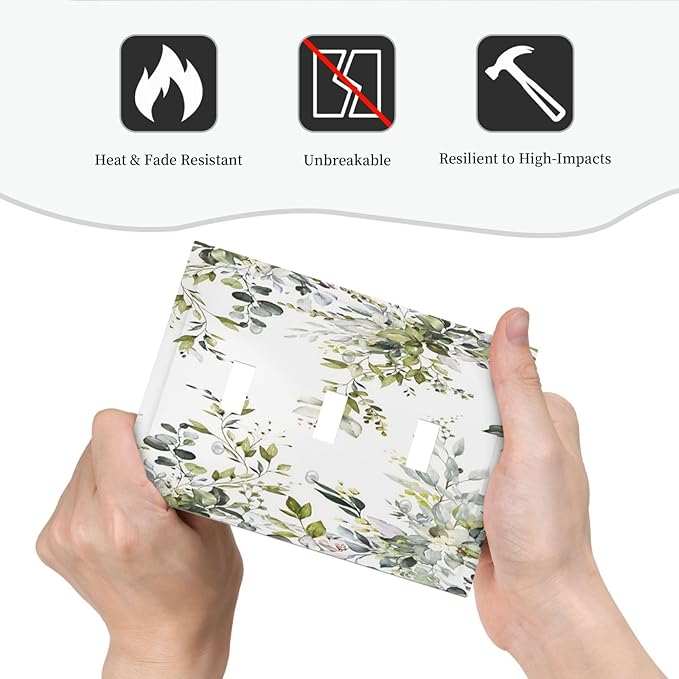 Eucalyptus Sage Green Leaf Plant Floral Decorative Switch Plates 3 Gang Wall Plate Triple Toggle Light Switch Cover Faceplate Electrical Wall Panels for Bedroom Living Room Decor