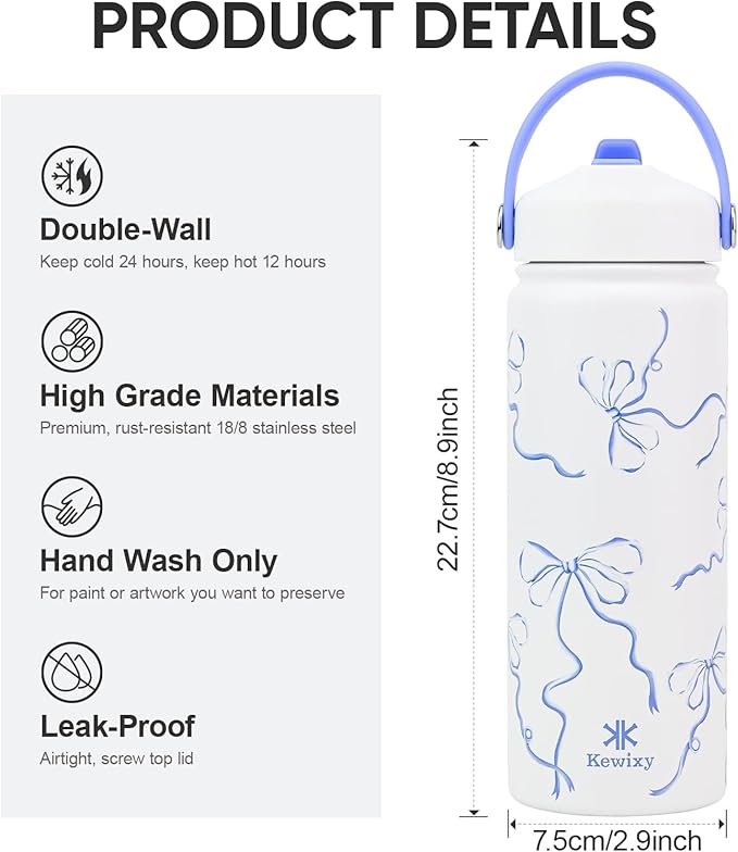 KEWIXY 18 oz Blue Bow Water Bottle with Straw, Leak Proof, Insulated Stainless Steel with Handle, Reusable, Metal, Backpack-side Fit (Breeze Blue Bow)
