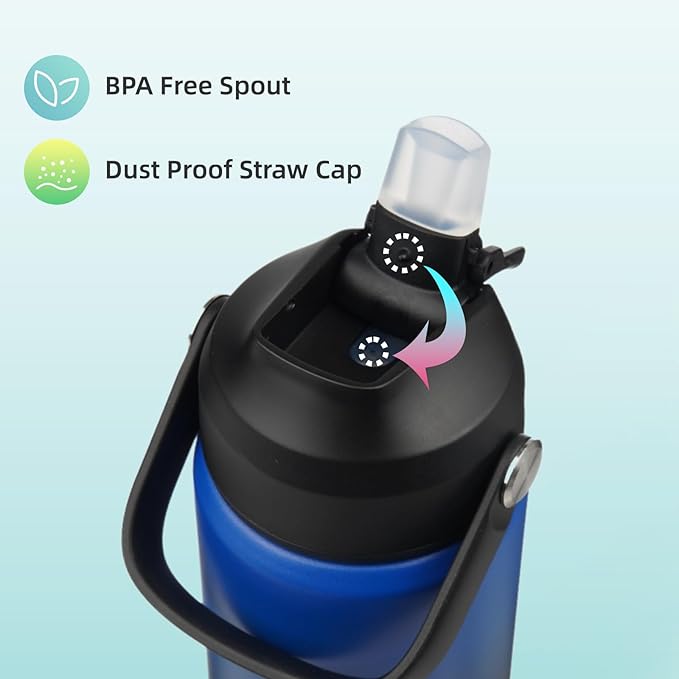 Konokyo Insulated Water Bottle with Straw Lid,40 oz Stainless Steel Vacuum Metal Bottle with Silicone Handle,Black Blue