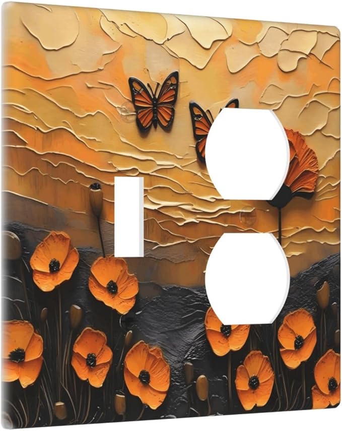 Oil Painting Flower Sunset Butterfly Vintage Rustic Floral Wallplates 1 Toggle 1 Duplex Switch Plate Electrical GFCI Faceplate Decorative Light Switch Covers for Bedroom Living Room Decor