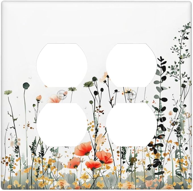 Vintage Country Style Watercolor Leaves Wildflowers Floral Outlet Covers 2 Gang Double Duplex Decorative Light Switch Covers Electrical Wallplates Socket Faceplate for Bedroom Living Room Decor