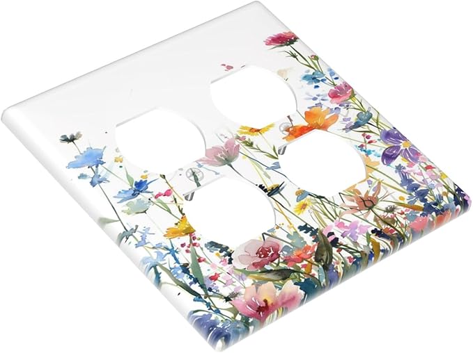 Watercolor Wildflowers Colorful Floral Plant Outlet Covers 2 Gang Double Duplex Decorative Light Switch Covers Electrical Wallplates Socket Faceplate for Bedroom Living Room Decor