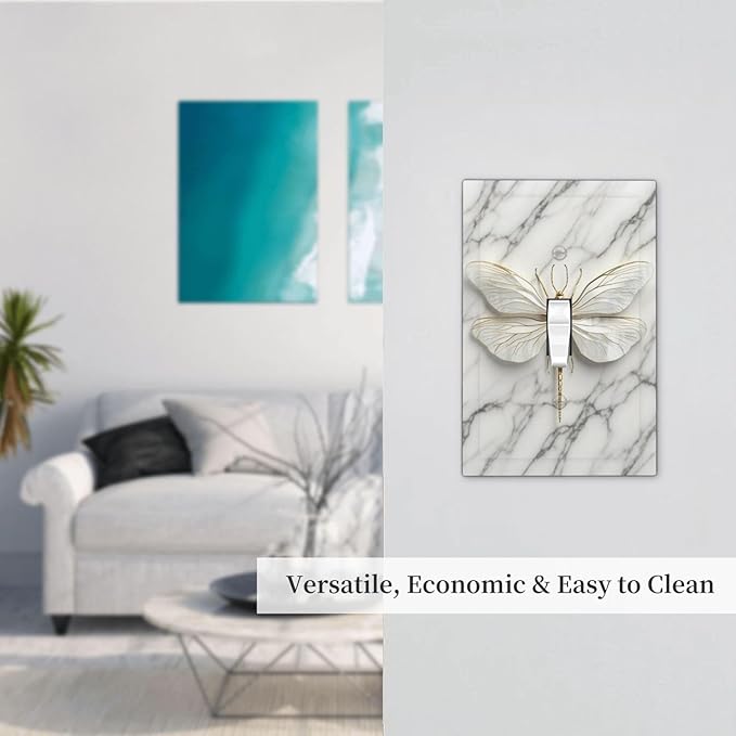 White Gold Marble Dragonfly Abstract Modern Decorative Light Switch Cover 1 Gang Single Toggle Device Electrical Faceplate Switchplates Decorator Outlet Wall Plate for Bathroom Home Decor