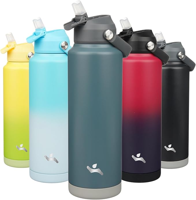 Konokyo Insulated Water Bottle with Straw Lid,40 oz Stainless Steel Vacuum Metal Bottle with Silicone Handle,Dark Gray