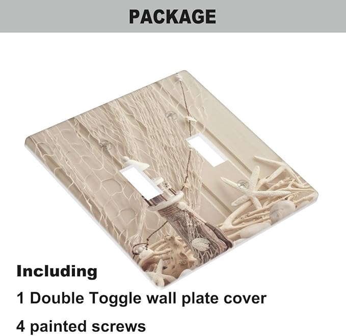 Rustic Nautical Double Toggle Light Switch Cover Coastal Sea Shell Fishing Net Lighthouse Starfish Ocean Beach Theme Wall Plate Covers 2-Gang Toggle Switch Plates Home Office