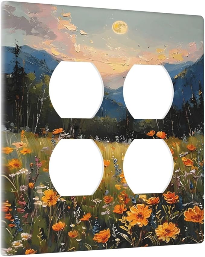 Sunset Wild Flower Field Floral Nature Landscape Outlet Covers 2 Gang Double Duplex Decorative Light Switch Covers Electrical Wallplates Socket Faceplate for Farmhouse Bedroom Decor
