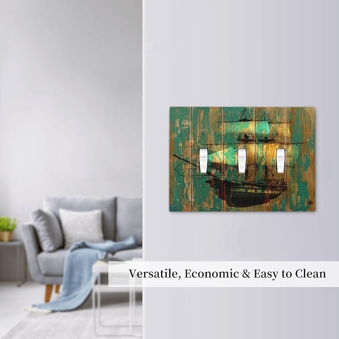 Decorative Switch Plates Rustic Green Wood Grain Sailboat 3 Gang Wall Plate Faceplate Triple Toggle Light Switch Cover Electrical Wall Panels for Farmhouse Bedroom Decor