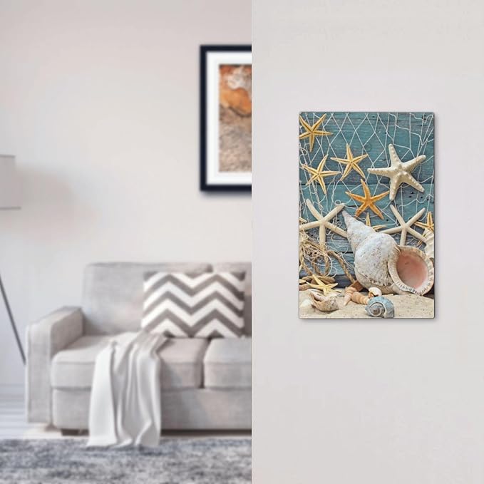 Nautical Beach Starfish Teal Wood 1 Gang No Device Wall Plate Decorative Blank Light Switch Cover Switchplate Electrical Faceplate for Bathroom Home Bedroom Art Decor