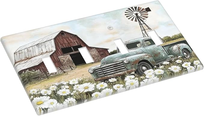 Retro Trucks Old Barn Windmill Teal Car Rustic Light Switch Covers Quad Toggle Electrical Faceplate 4 Gang Wall Plate Decorative Switch Plates for Farmhouse Home Decor
