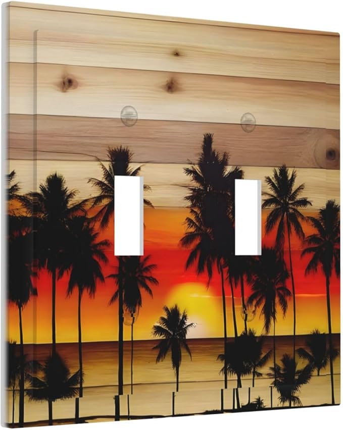 Sunset Beach Coconut Palm Tree Wooden Background Decorative Switch Plates 2 Gang Double Toggle Outlet Light Switch Cover Wall Plate Electrical Faceplate for Bedroom Living Room Decor