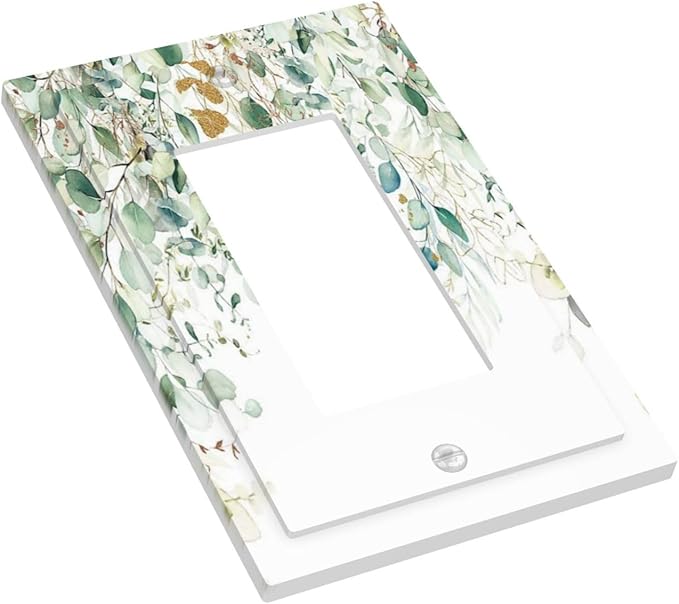 Gold Green Eucalyptus Leaves Plants Flowers Floral Decorative Outlet Covers 1 Gang Single Rocker Light Switch Cover Plate Wall Plates GFCI Faceplate for Bedroom Living Room Decor