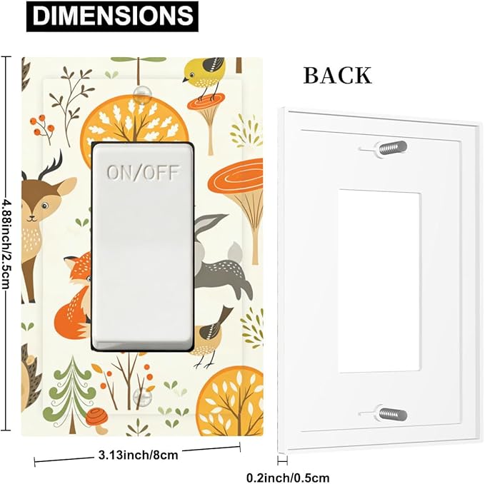 Cute Woodland Animals Single Rocker Switch Cover - 1-Gang Standard US Size Forest Pattern Trees Mushrooms and Berries Light Switch Covers for Boys & Girls Bedroom Decor