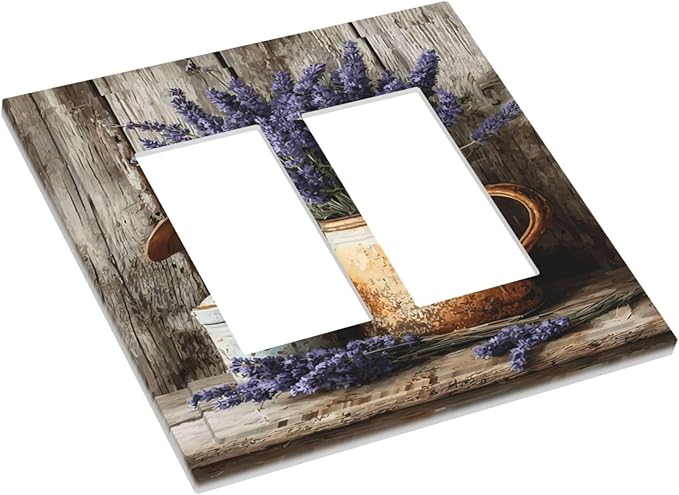 Rustic Flowers Lavender Purple Floral Oil Painting Decorative Outlet Covers 2 Gang Double GFCI Rocker Electrical Wall Panels Light Switch Cover Plate for Farmhouse Bedroom Decor