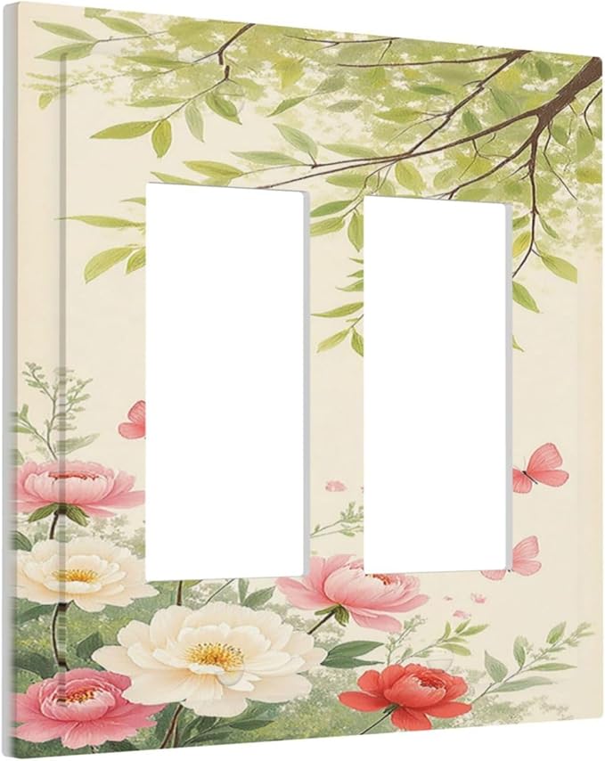 Decorative Outlet Covers Garden Flowers Green Leaves And Butterflies 2 Gang Double GFCI Rocker Electrical Wall Panels Light Switch Cover Plate for Bedroom Cabin Decor